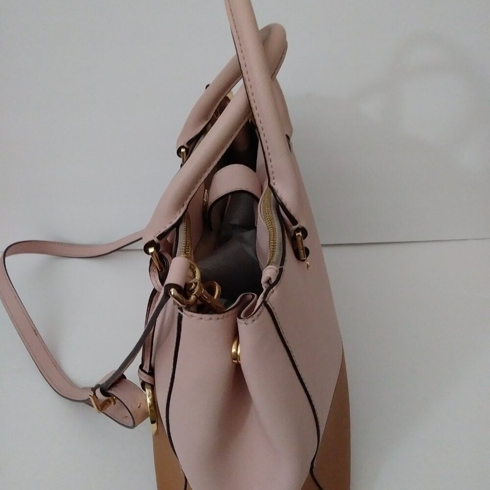 Michael Kors Satchel Bag Purse Double Handle Logo Charm Pink/Tan - Picture 3 of 16